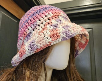 Soft, Cotton Yarn Bucket Hat, Size M, Purple, Pink and White, Relaxed and Comfy, Handmade in Pennsylvania
