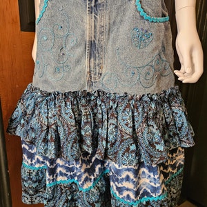 Jean Skirt Handmade from Upcycled Fabric, with Ruffles, Embroidery, Beads, Sequins and Ricrac, 35 Waist, Butterfly Embroidery, Blue Batik