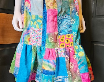 Patchwork Skirt with Ruffle, Handmade from Vintage Material, Womens M, Waist 30-31", Cotton, Cool and Breezy, Upcycled Clothing