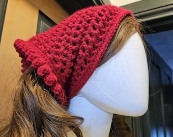 Boho Bandana Crochet from Red Acrylic Yarn Has Retro Stitch Edging, Handmade in PA, Ready to Ship!