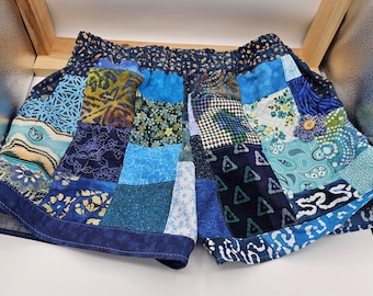 Patchwork Shorts Handmade from Vintage Fabrics, Has Crochet Flower and 2 Side Pockets, Womens M, Waist 30-31", Blue Patches, Made in PA