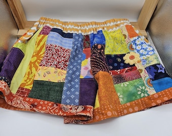 Patchwork Shorts Handmade from Vintage Fabrics, Has Crocheted Flower and 2 Side Pockets, Womens M, Waist 30-31", Multi Colors, Made in PA