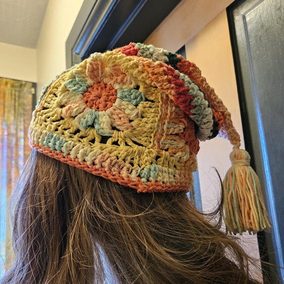 Hand Crafted Vintage Granny Squares Crochet Hat Scarf Combination Tassels Unique Crochet Granny Square Scarf Hat Set – Passion Jewelz Studio main image 2