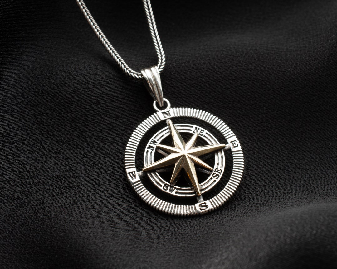 Silver Compass Inlay 925 Silver Compass Necklace , North Star Coin Form Silver Pendant ...