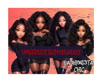 Fashionista Chic PNG-bundel: Afro-Amerikaanse modellen, kledingontwerp (commercieel gebruik)
