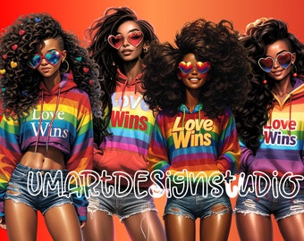 Love Wins PNG-bundel: Afro-Amerikaanse vrouw regenbooghoodies (digitale download)