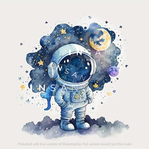 Acuarela Space Guy - Impresiones de decoración de guardería con temática de astronauta lindo, luna azul marino y noche estrellada del espacio exterior Wall Art Digital Download