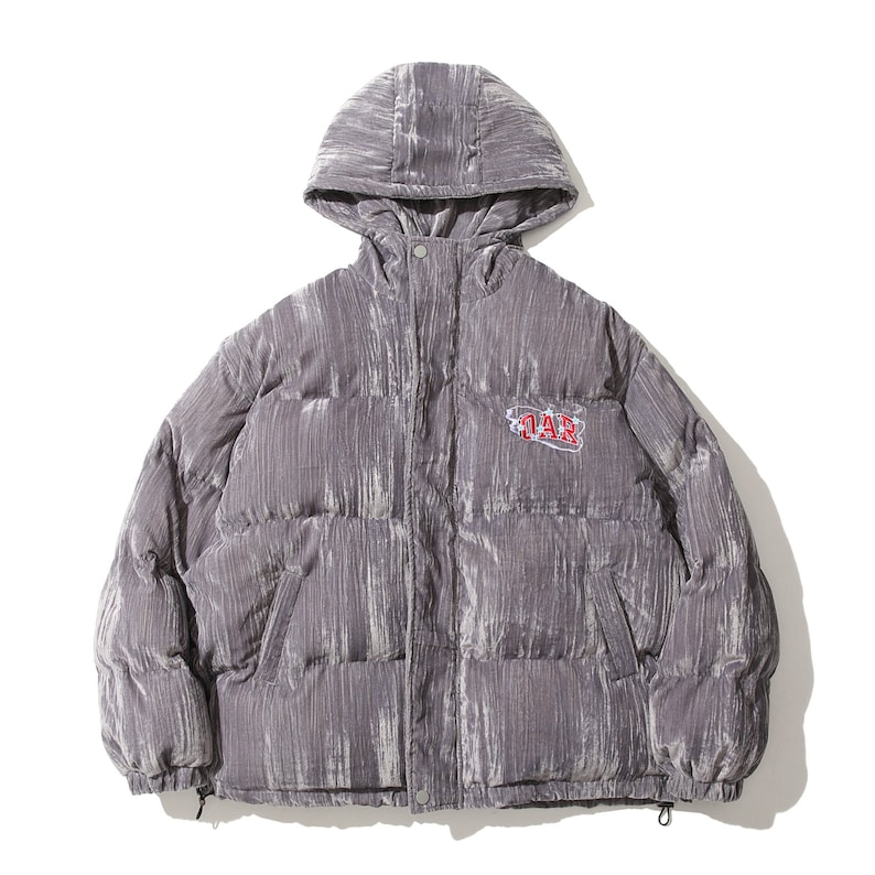 May include: A gray puffer jacket with a hood. The jacket has a vertical ribbed texture and a small logo on the chest. The jacket has a button and zipper closure.