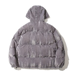 May include: A gray puffer jacket with a hood, viewed from the back. The jacket has a textured, vertical stripe pattern and a drawstring at the bottom hem. The fabric has a subtle sheen.