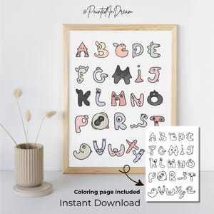 Alfabeto original, lindo monstruo, ilustración digital imprimible para papel tapiz, póster, decoración de habitación para niños y adultos, página para colorear educativa.