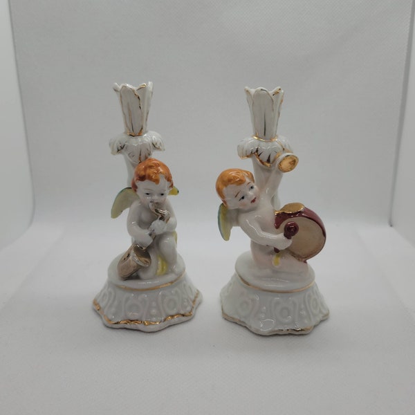 Vintage Set of Cherubs Playing Instruments Small Candle Holders made in Occupied Japan, Holiday, Christmas, Angel, Angel's, Gift, Decor