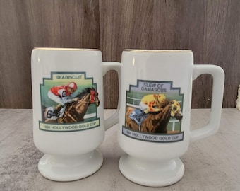 Vintage Hollywood Park Gold Cup Gold Trim Mug Slew of Damascus and Seabiscuit, Horse Race, Racing, Sport, Track, Dad, Mom, Brother, Gift