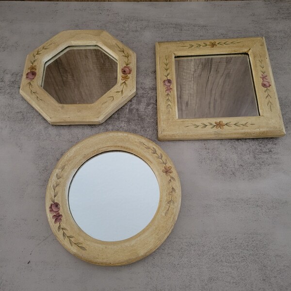 Vintage Distressed Ivory Wood Pink Painted Flowers 6" Mirrors Set of 3  Shabby Chic, Country, Round, Square, Octagon, Floral,  Off White