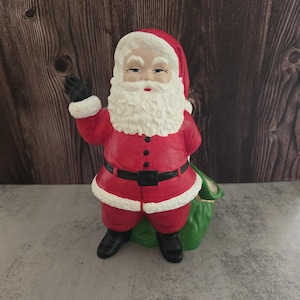 Vintage Ceramic Hand Painted Santa Claus Toy Sack Candy Dish 10.5&quot; Figurine, Holiday Decor, Christmas Decoration