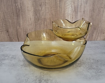 Anchor Hocking Accent Modern Amber 3 Piece Chip and Dip Set MCM Mid Century Party Entertaining Table