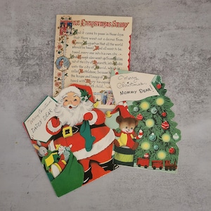 Conjunto vintage de 3 cartões comemorativos de Natal de 1954, coisas efêmeras, Papai Noel, Natal, mamãe, papai, árvore, presente, artesanato, decoração, feriado, alegre