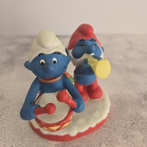 Vintage Smurf Christmas Collectables, 1982, Procelain Bisque, Papa Smurf Playing Trumpet and Drummer Smurf, Figurine, Wallace Berrie & Co