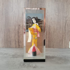 Rare Vintage 1960&#39;s Geisha Doll in Glass Case with Mirrored Edge, Japan, Decor, Scroll, Shelf, Gift, Gifts, Birthday, Friend, Anniversary