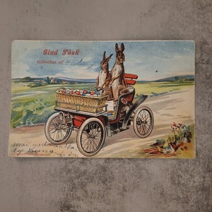 Cartão postal de Páscoa de coisas efêmeras vintage de 1906 - coelhinhos alemães em um carro