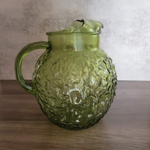 Vintage Anchor Hocking Lido Milano Avocado Green Crinkle Pitcher, Decor, Flower, Vase, Tea, Drink, Country, Cottage, Kitchen