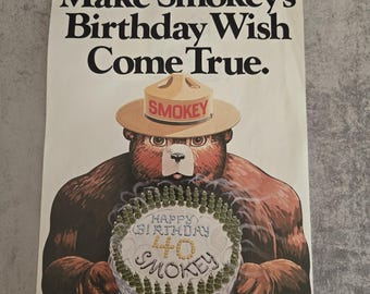 RARE Smokey Bear 1984 40th Birthday Flyer with Original Smokey Bear First Day of Issue  Stamp