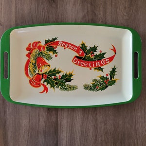 Vintage Season&#39;s Greetings Holiday Tray with Handles, Decor, Decoration, Christmas, Holly, Red Ribbon, Festive, Gift, MCM