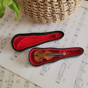 Miniature 2.5" Wooden Violin in Red Velvet Lined Case, Music, Instrument, Band, Gift, Orchestra, Tiny, Mini, Small, Fiddle, String, Gifts