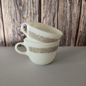 Vintage Set of 2 Pyrex Milk Glass Coffee Cups | Woodland Brown Floral | 70's Kitchen | Coffee Mug | Gift