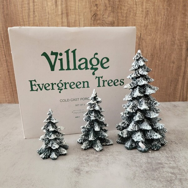 Dept 56 The Original Snow Village Evergreen Trees set of 3 in Box Cold Cast Porcelain #5205-1, Christmas Village, Town, Holiday, Snow, Pine