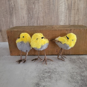 Trio of Easter Yellow and Gray Baby Chicks Made with Fleece and Straw