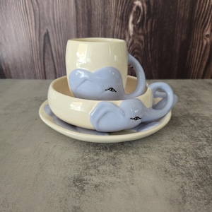 Vintage Ceramic Child Ivory Blue Elephant 3 Pcs Dinner Set,  Nursery, Gift, Circus, Kid, Children, Baby, Babies