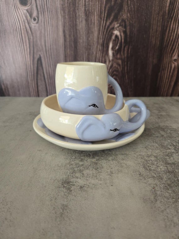 Vintage Ceramic Child Ivory Blue Elephant 3 Pcs Dinner Set