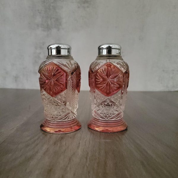 Vintage Glass with Red Accent  Salt & Pepper Shakers, Table Setting, Kitchen Decor, Formal Dining, Gift, Wedding, Anniversary, Birthday