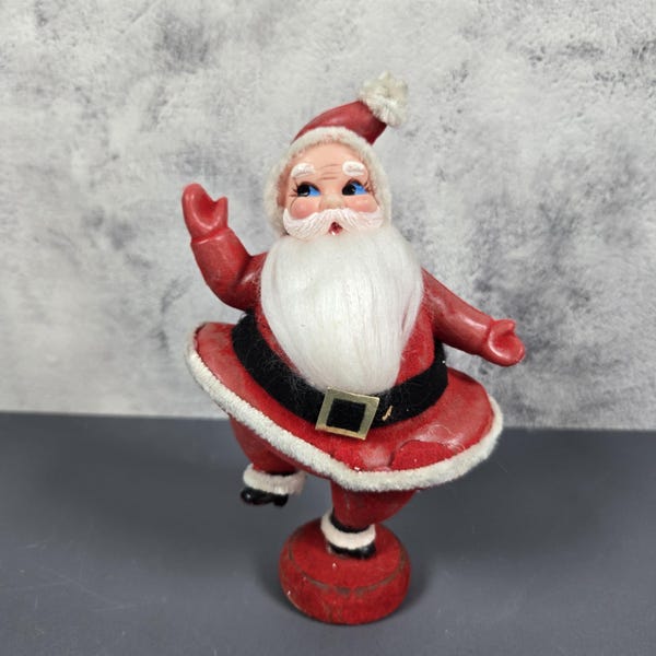 Papá Noel bailando de plástico flocado vintage de 18 cm (MCM) / Decoración navideña