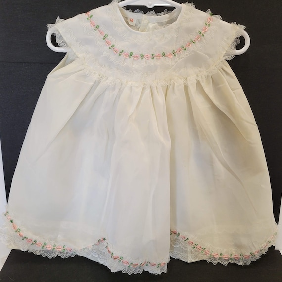 Vintage Baby Dress White with Pink Rose and Lace … - image 1