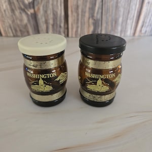Vintage Washington State Amber Barrel Glass Salt & Pepper Shaker Set Wood Handles, Souvenir, Kitchen, Decor Tableware
