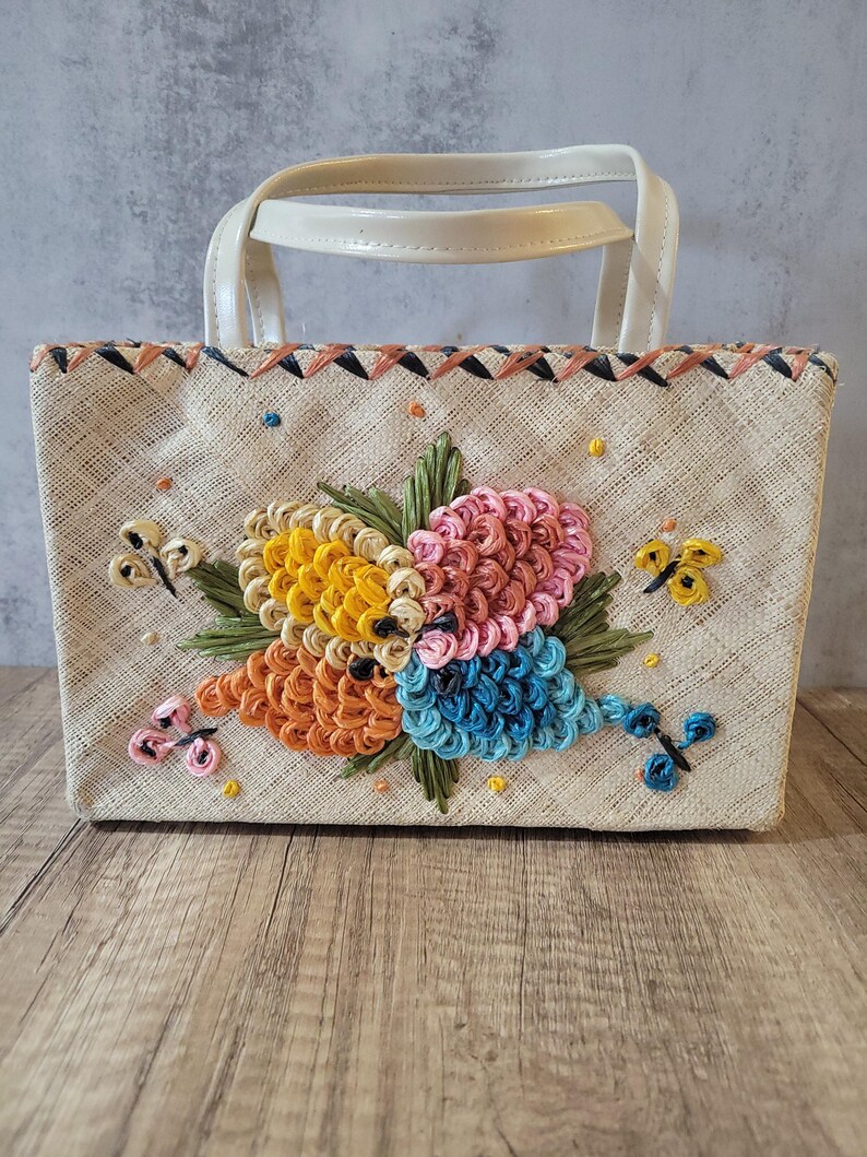 Vintage Woven Straw Floral Handbag With Vinyl Handles, Tote Bag, Purse ...