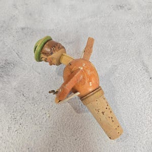 Vintage Wooden Hand Carved Mechanical Head Liquor Bottle Stopper, Puppet Made in Italy, Man with Movable Arm and Glasses, Barware