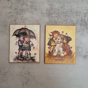 Vintage Evans set van 2 Goebel Hummel-afdrukken op mdf-bord muurdecor, kunst, kinderkamer, hol, plank, hangend, kinderen, kinderkamer, kunst