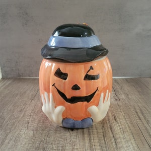 Halloween Jack-O-Lantern Ceramic Cookie Jar, Pumpkin, Candy, Candle, Cookies, Treats, Snacks, Decor, Kitchen, Scary
