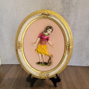 Vintage Framed 3D Girl with Puppy Plaque by E.A. Riba Co Inc, Decor, Bedroom, Vanity, Gift, Gil, Dog, Victorian