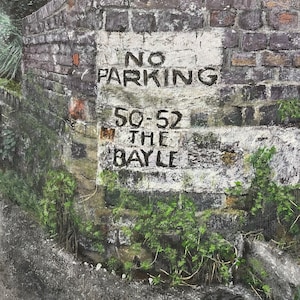May include: A brick wall with white paint and black lettering that reads "No Parking 50-52 The Bayle". The wall is overgrown with green plants.