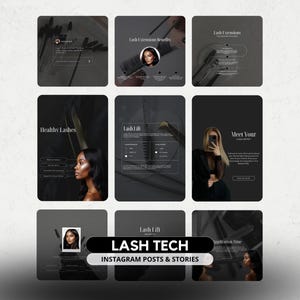 Op de afbeelding: Een verzameling Instagram-berichten en -verhalen voor een wimpertechnicus, met wimperextensions, wimperlifts en gezonde wimpers. Het ontwerp maakt gebruik van een monochroom kleurenpalet met afbeeldingen van vrouwen en tekstoverlays.
