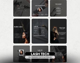 Puede incluir: Un conjunto de publicaciones e historias de Instagram para una técnica de pestañas, que muestra extensiones de pestañas, lifting de pestañas y pestañas saludables. El diseño utiliza una paleta monocromática con imágenes de mujeres y superposiciones de texto.