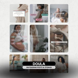 Op de afbeelding: Een verzameling Instagram-berichten en -verhalen met een doula-thema. De berichten bevatten tekst als "Wat heb je nodig in je ziekenhuistas?" en "Tips voor de eerste dag". Het kleurenschema is zacht en gedempt.