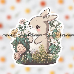 Cute Bunny Sticker, garden, flowers, woodland creature