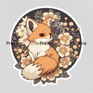 Cute fox sticker, garden, flowers, anime, Digital download