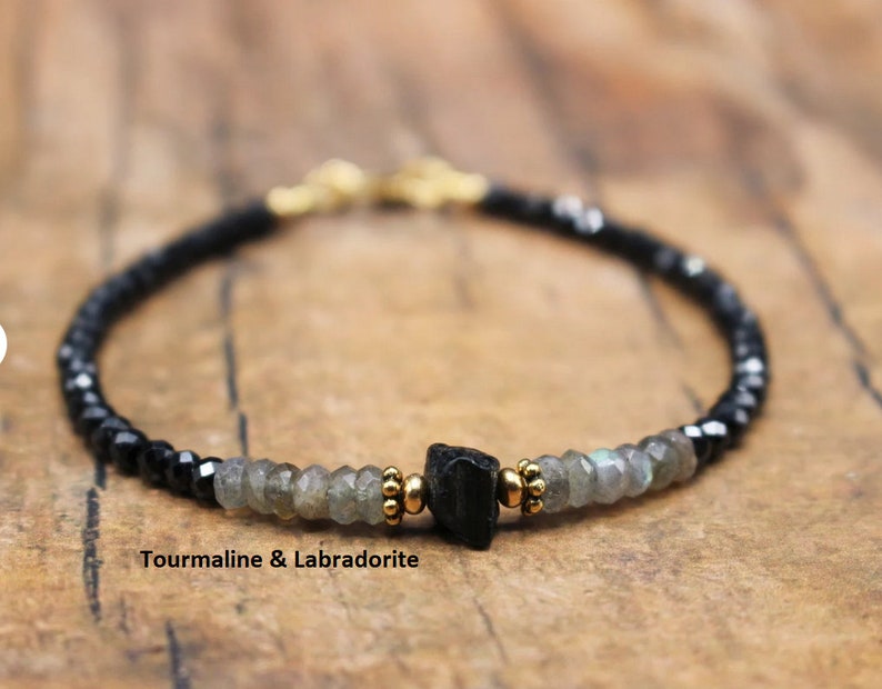 Raw Black Tourmaline, Labradorite & faceted Tourmaline, Mystical Protection Bracelet Root Throat Chakra Bracelet Unique Handmade Bracelet image 5