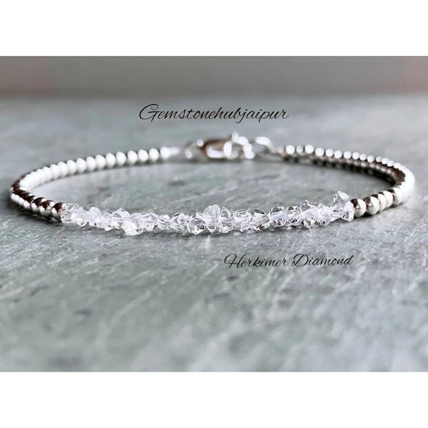 Herkimer Diamond Bracelet, Silver or Gold Beads, Dainty Crystal Bracelet, Delicate Quartz Jewelry, April Birthstone, Special Gift for Her