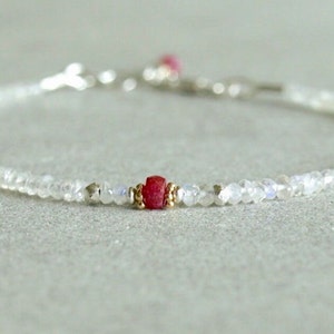 Red Ruby Bracelet & Rainbow Moonstone Bracelet, Red  Ombre Jewelry, Genuine July Birthstone Gemstone, Moonstone Jewelry